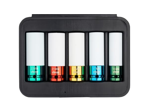 Vigor V2257, Støpselsett, 1/2", Metrisk, 5 hoder, 15,17,19,21,22 mm