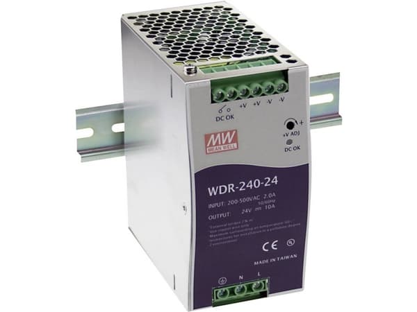 MEAN WELL WDR-240-24, 240 W, 180 - 550 V, 47 - 63 Hz, 18 ms, 91%, Over-spenning (volt), Overoppheting, Overbelastning, Kortslutning