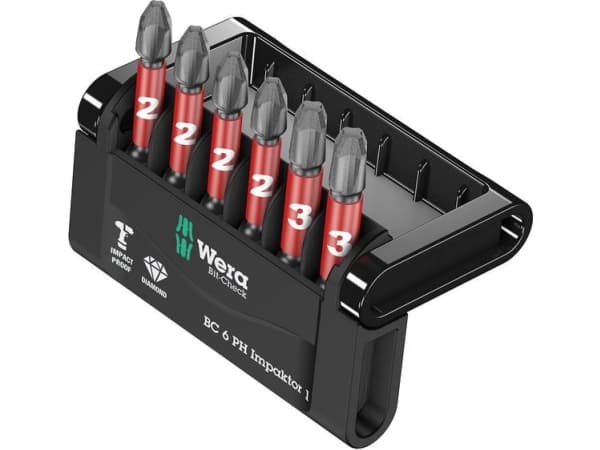 Wera Bit-Check 6 PH Impaktor 1 - Bitsats för slagskruvdragare - 6 delar - phillips - PH2, PH3 - sexkantig - längd: 50 mm