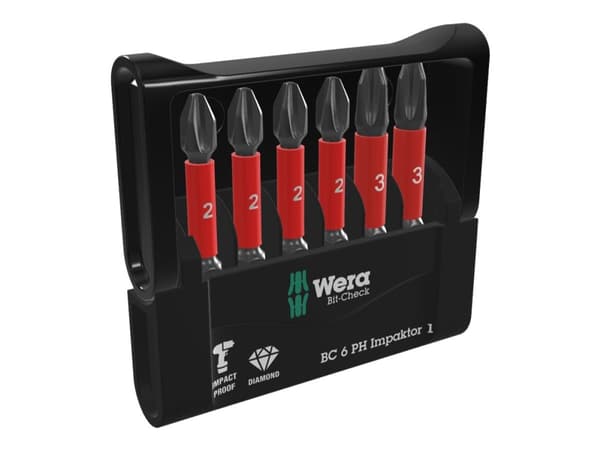 Wera Bit-Check 6 PH Impaktor 1 - Bitsats för slagskruvdragare - 6 delar - phillips - PH2, PH3 - sexkantig - längd: 50 mm