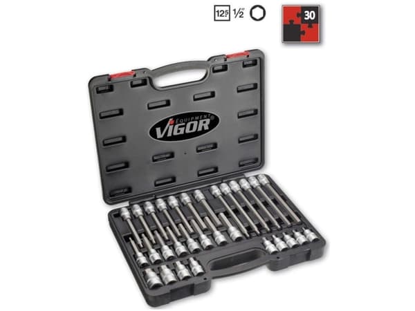 Vigor V1919, Støpselsett, 1/2", Metrisk, 30 hoder, 5,6,7,8,10,11,12,13,14,17,19 mm