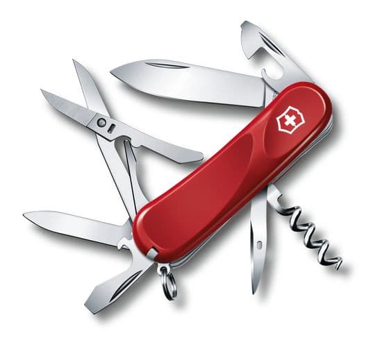 Victorinox Evolution 14, Fällkniv av slipjoint-modell, Kniv med flera verktyg, Cellidor, ABS synthetics, Metallisk, Röd, 14 verktyg