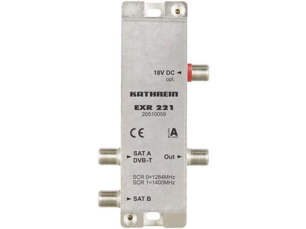 Kathrein EXR 221 SAT Multi-contact Unicable 2 Sisääntulot (multicontact): 3 (2 SAT/1 maa) Tilaajien määrä: 2 Quad-LNB-kykyinen, valmiustila-toiminto