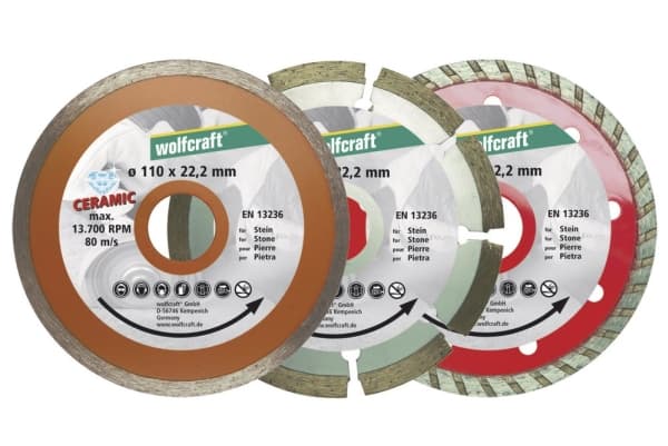 wolfcraft GmbH Diamond Cutting Disc Set, Diamantskiva med uppdelad kant, Tegel, Betong, Sten, 2,22 cm, 11 cm