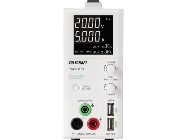 VOLTCRAFT laboratoriestrømforsyning, justerbar TOPS-3205 1 - 20 V/DC 0,25 - 5 A 100 W OVP, smal design Antall utganger 3 x (TOPS-3205)