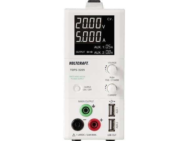 VOLTCRAFT laboratoriestrømforsyning, justerbar TOPS-3205 1 - 20 V/DC 0,25 - 5 A 100 W OVP, smal design Antall utganger 3 x (TOPS-3205)