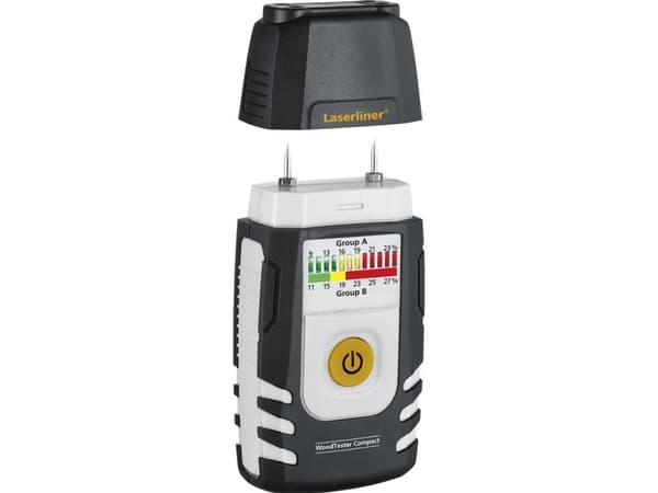 Laserliner WoodTester Compact, Motstand (pin), Tre, Analog, Sort, Hvit, Or, Aske, Bjørk, Lønn, Eik, Spruce, 6LR61