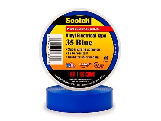 3M Scotch® 35 vinyl tape blå, 19mmx20mx0,18mm. Forbliver funktionel helt op til 105 °C