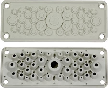 FIBOX Fläns med membran storlek 2 TPE EK 2xØ6-10 mm + 14x7-12 mm + 16x10-14 mm + 2x12-18 mm + 1x17-32 mm inkl. skruvar för 280 mm lådsida