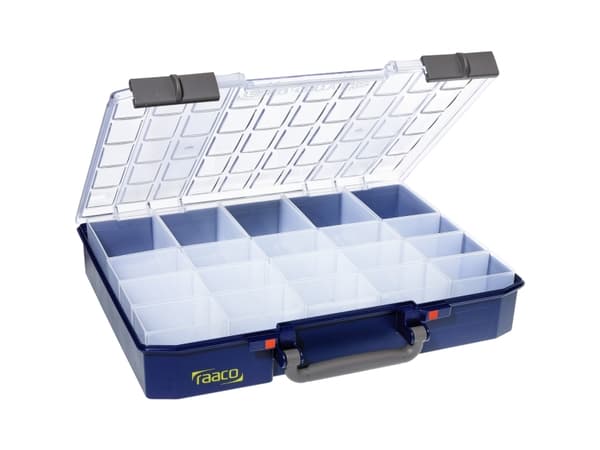 raaco CarryLite 80, Verktøy boks, Polykarbonat (PC), Polypropylen, Blå, Gjennomsiktig, 13 kg, Hengsel, 413 mm