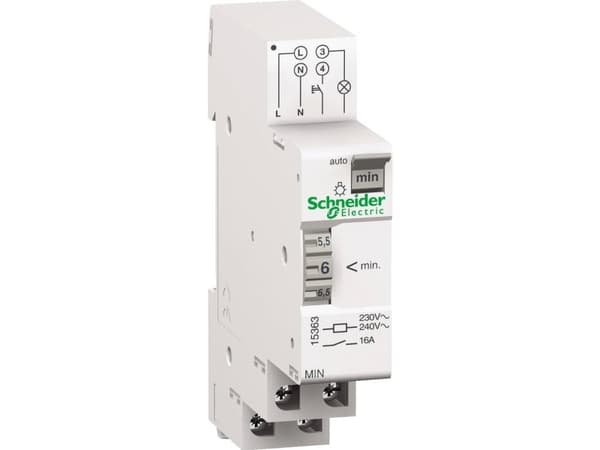 SCHNEIDER ELECTRIC Automaattinen porraskiipijä, 1NO 16A, kelan jännite 230V, loisteputki/loistelamppu max. 2000W, säätöalue 1-7 min., din-kisko, 18mm