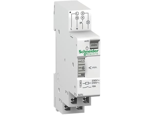 SCHNEIDER ELECTRIC Automaattinen porraskiipijä, 1NO 16A, kelan jännite 230V, loisteputki/loistelamppu max. 2000W, säätöalue 1-7 min., din-kisko, 18mm