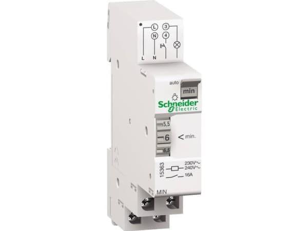 SCHNEIDER ELECTRIC Automaattinen porraskiipijä, 1NO 16A, kelan jännite 230V, loisteputki/loistelamppu max. 2000W, säätöalue 1-7 min., din-kisko, 18mm