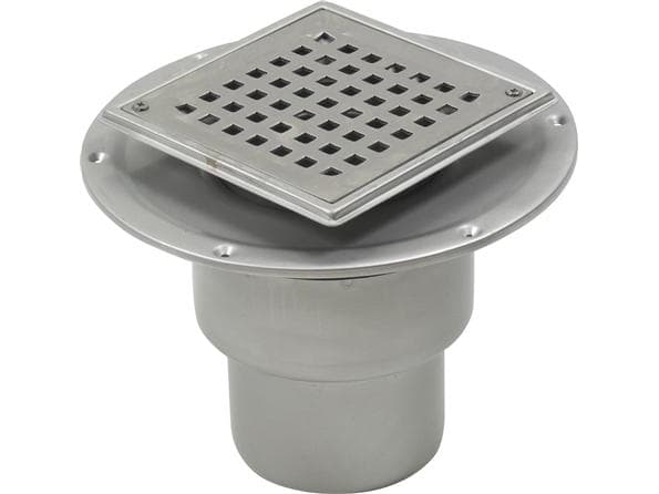 BLÜCHER Säädettävä asuntoviemäri neliö 145x145 mm, voikalvolla, lattia: betoni ja laatat, ulostuloaukko Ø110 mm pystysuora, Ruostumaton teräs