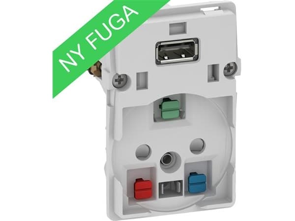 LK FUGA uttag 2-poligt + DK jord 16A med 5V USB-laddare, 112 modul, utan lock