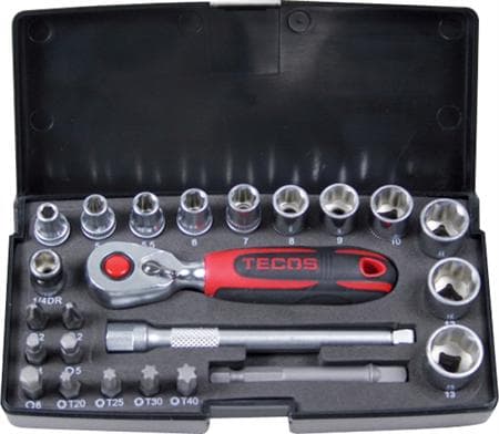 Topnøglesæt 1/4", 24dele toppe 4-13mm, bits, adapter, forlænger og skraldenøgle