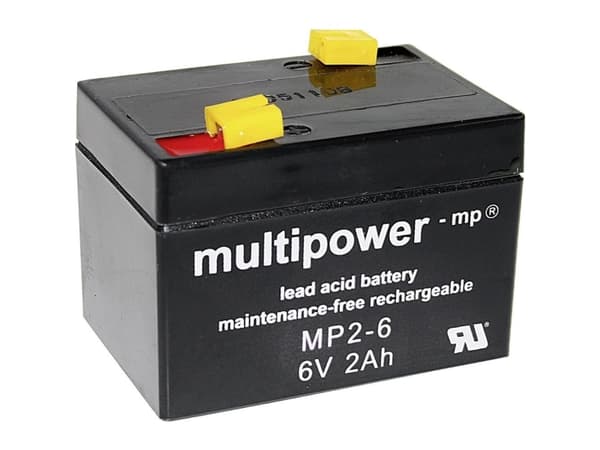 multipower MP2-6 A9620 Lyijyakku 6 V 2 Ah Lyijyakku (B x K x S) 75 x 53 x 51 mm Litteä liitin 4,8 mm Huoltovapaa, vähäinen itsepurkautuminen