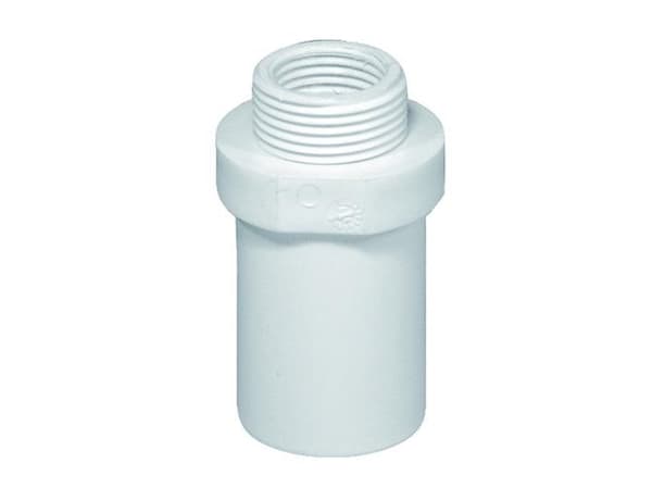 Purus suora siirtymä Ø32 mm, pituus 65 mm, jossa on 1 1/2" ulkokierre, valkoista PP:tä