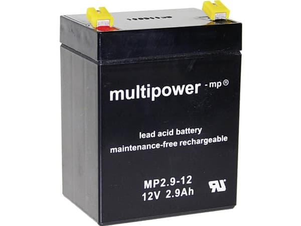 multipower MP2.9-12 A97275 Lyijyakku 12 V 2,9 Ah Lyijyakku (B x K x S) 79 x 107 x 56 mm Litteä liitin 4,8 mm Huoltovapaa, vähäinen itsepurkautuminen