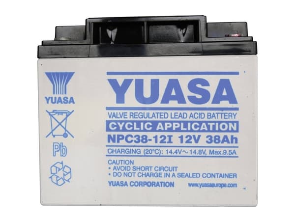 Yuasa NPC38-12 Lyijyakku 12 V 38 Ah Lyijyakku (B x K x S) 197 x 170 x 165 mm M5-ruuviliitäntä Huoltovapaa, syklinkestävä