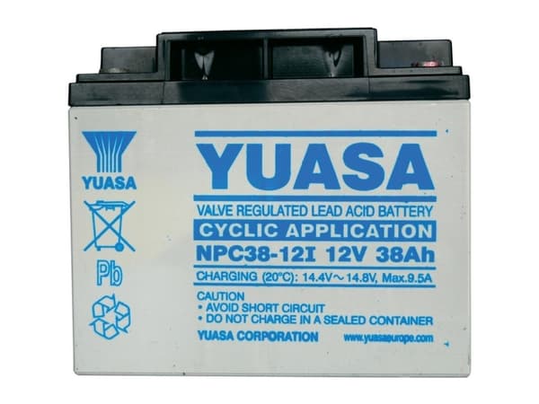 Yuasa NPC38-12 Lyijyakku 12 V 38 Ah Lyijyakku (B x K x S) 197 x 170 x 165 mm M5-ruuviliitäntä Huoltovapaa, syklinkestävä