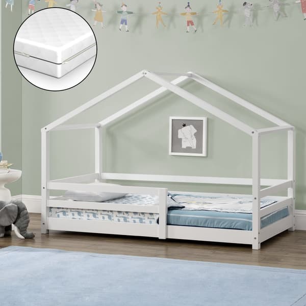 Juniorsäng Knätten hussäng inkl. madrass och sängskydd 160x80 cm furu vit [en.casa]