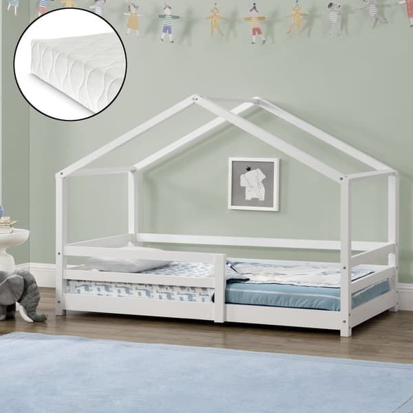 Juniorsäng Knätten hussäng inkl. madrass och sängskydd 200x90 cm furu vit [en.casa]