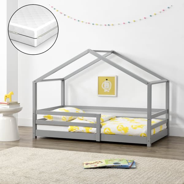 Juniorsäng Knätten hussäng inkl. madrass och sängskydd 140x70 cm furu ljusgrå [en.casa]