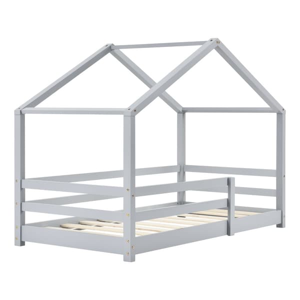 Juniorsäng Knätten hussäng inkl. madrass och sängskydd 200x90 cm furu ljusgrå [en.casa]