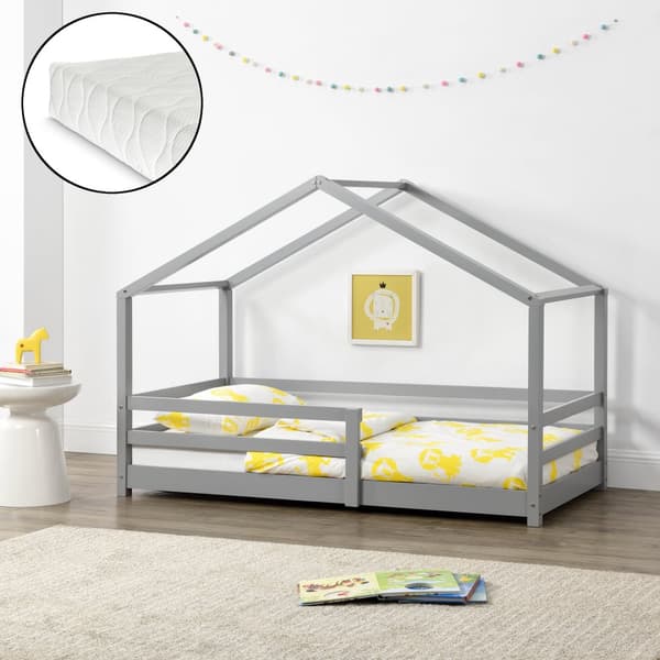 Juniorsäng Knätten hussäng inkl. madrass och sängskydd 200x90 cm furu ljusgrå [en.casa]