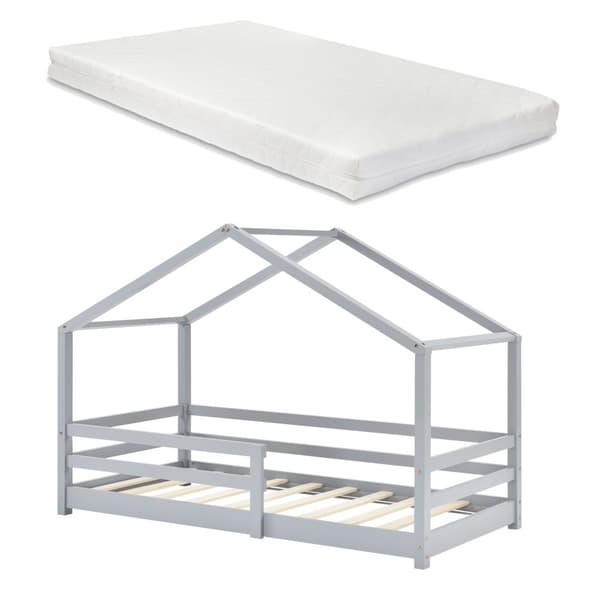 Juniorsäng Knätten hussäng inkl. madrass och sängskydd 200x90 cm furu ljusgrå [en.casa]