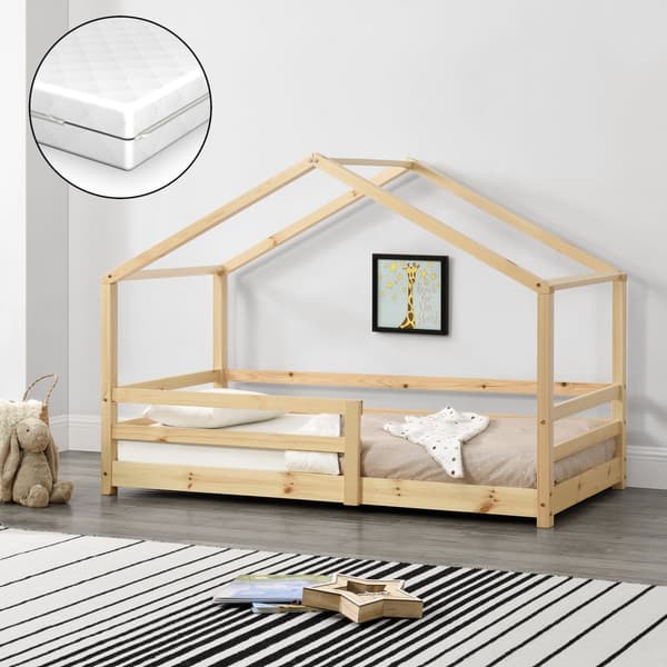 Juniorsäng Knätten hussäng inkl. madrass och sängskydd 140x70 cm furu [en.casa]