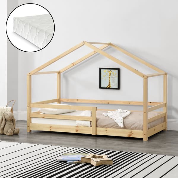 Juniorsäng Knätten hussäng inkl. madrass och sängskydd 200x90 cm furu [en.casa]
