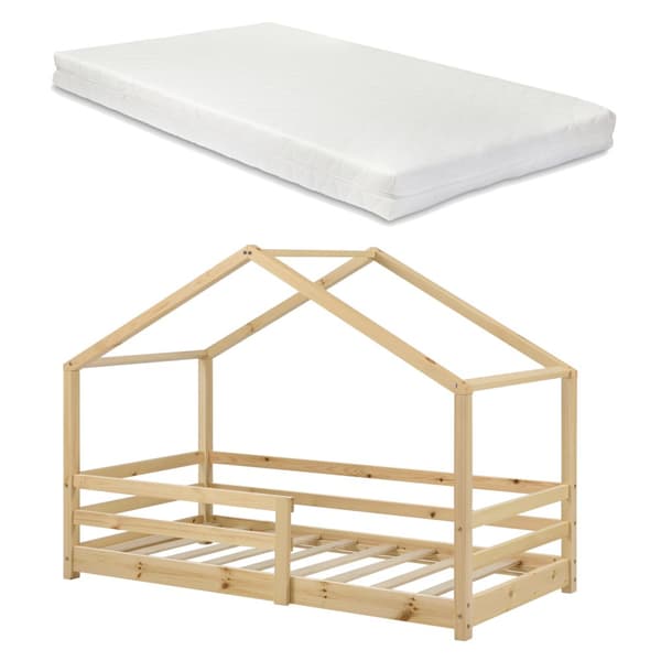 Juniorsäng Knätten hussäng inkl. madrass och sängskydd 200x90 cm furu [en.casa]