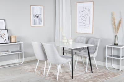 Matgrupp Venture Design – Matbord Polar 120x75 cm – Vit / Svart + 4 st Matstol Velvet Deluxe – Ljusgrå / Vit