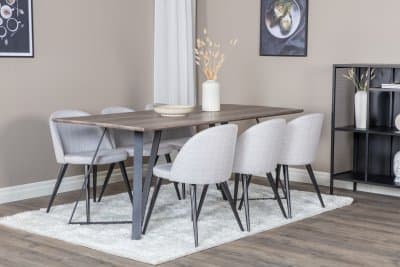 Matgrupp Venture Design – Matbord Marina 180x90 cm – Mörk Natur / Svart + 6 st Matstol Velvet – Ljusgrå / Svart