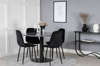 Matgrupp Venture Design – Matbord Estelle ø 106 cm – Mörk Marmor / Svart + 4 st Matstol Polar Diamond - Svart Sammet / Svart
