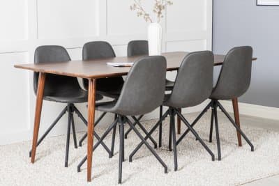 Matgrupp Venture Design – Matbord Polar 180x90 cm - Valnöt-Look + 6 st Matstol Polar – Grått Konstläder / Grå
