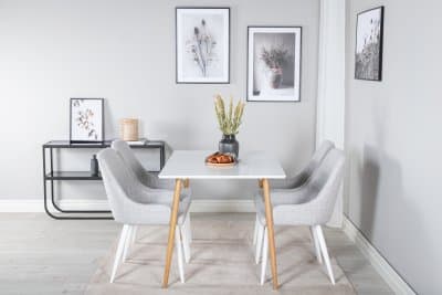 Matgrupp Venture Design – Matbord Polar 120x75 cm – Vit / Ek-Look + 4 st Matstol Plaza – Ljusgrå / Vit