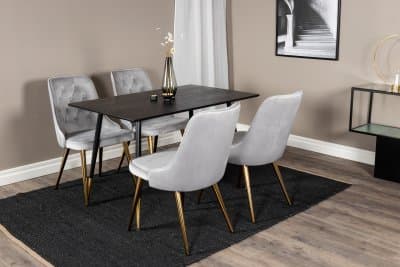 Matgrupp Venture Design – Matbord Dipp 120x85 cm – Svart Trä-Faner / Svart/Mässing + 4 st Matstol Velvet Deluxe – Ljusgrå Sammet