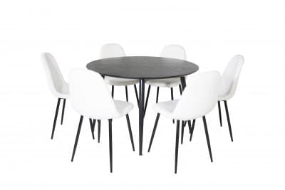 Matgrupp Venture Design – Matbord Dipp ø 115cm – Svart Trä-Faner / Svart + 6 st Matstol Polar – Vitt Teddy / Svart