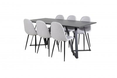 Matgrupp Venture Design – Matbord Marina 180x90 cm - Svart + 6 st Matstol Polar - Ljusgrå / Svart