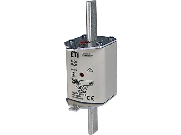 Säkring NH2C 250A gG, 500V AC, brytkraft 120kA, Standard IEC 60269-1, IEC 60269-2. Med statusindikator