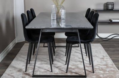 Matgrupp Venture Design – Matbord Estelle 200x90 cm – Mörk Marmor / Svart + 6 st Matstol Polar Diamond – Svart Sammet / Svart