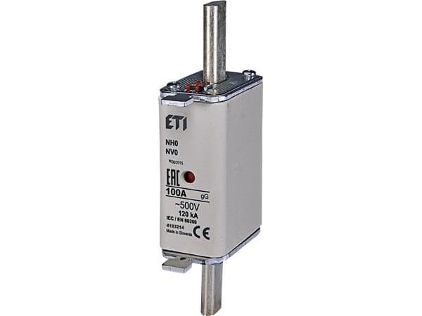 Säkring NH0 100A gG, 500V AC, brytkraft 120kA, Standard IEC 60269-1, IEC 60269-2. Med statusindikator