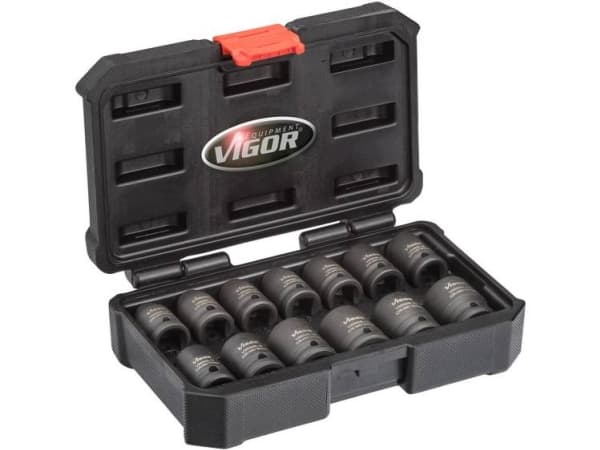 Vigor V5550S, Hylssats, 1/2", Metrisk, 13 huvuden, 10,11,12,13,14,15,16,17,18,19,21,22,24 mm, Mätt