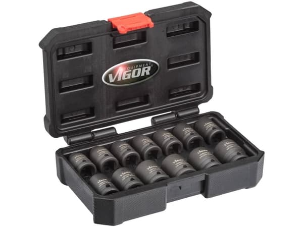 Vigor V5550S, Hylssats, 1/2", Metrisk, 13 huvuden, 10,11,12,13,14,15,16,17,18,19,21,22,24 mm, Mätt