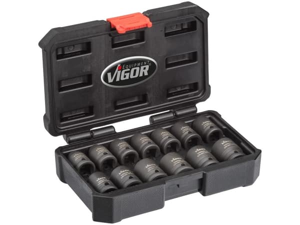 Vigor V5550S, Hylssats, 1/2", Metrisk, 13 huvuden, 10,11,12,13,14,15,16,17,18,19,21,22,24 mm, Mätt