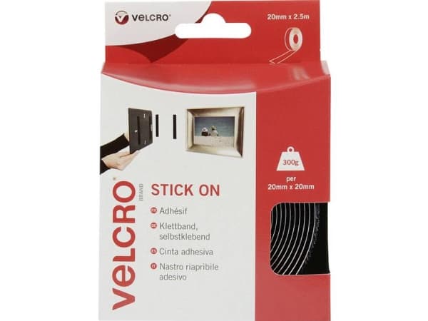 Velcro VEL-EC60215, Svart, 20 mm, 2,5 m, 1 styck, Låda