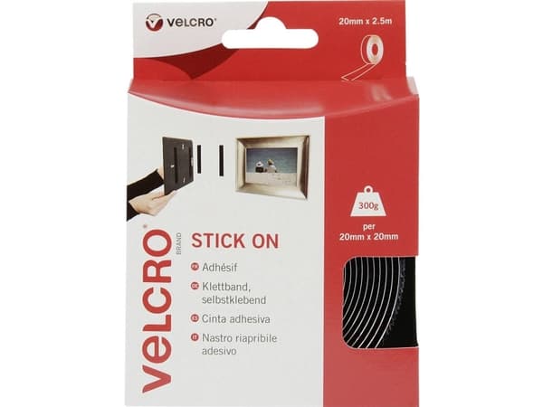 Velcro VEL-EC60215, Svart, 20 mm, 2,5 m, 1 styck, Låda